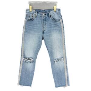 Levi’s 501 Rhinestone Side Straight Button Fly Distressed Glitz Glam Denim Jeans